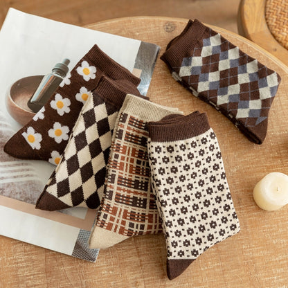 1pair Women Autumn and Winter Socks Brown Color Thick Retro Mid-calf Socks