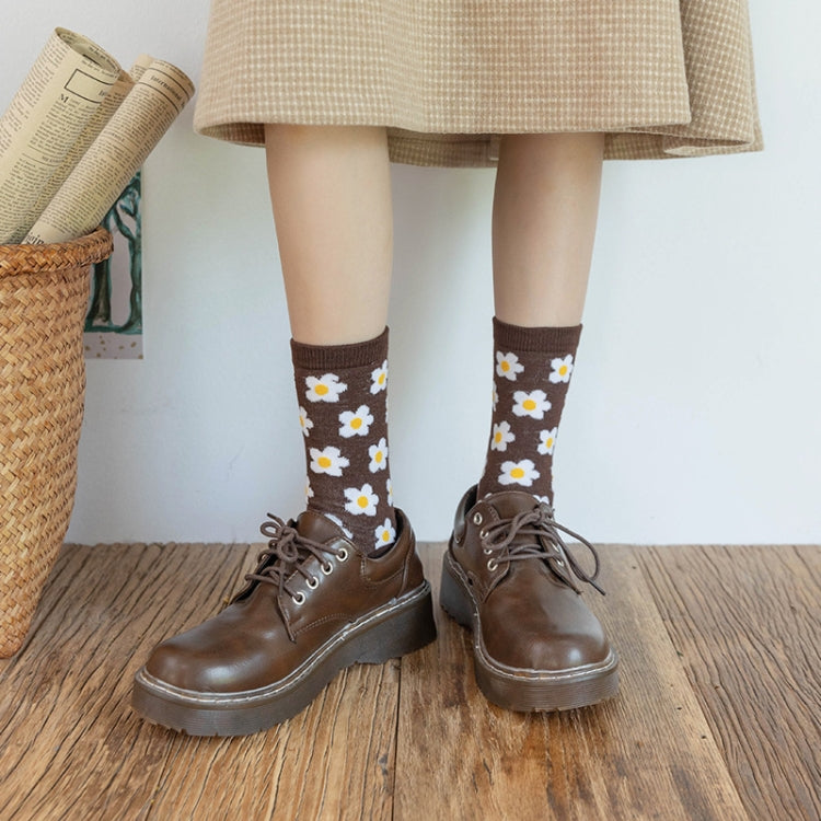 1pair Women Autumn and Winter Socks Brown Color Thick Retro Mid-calf Socks