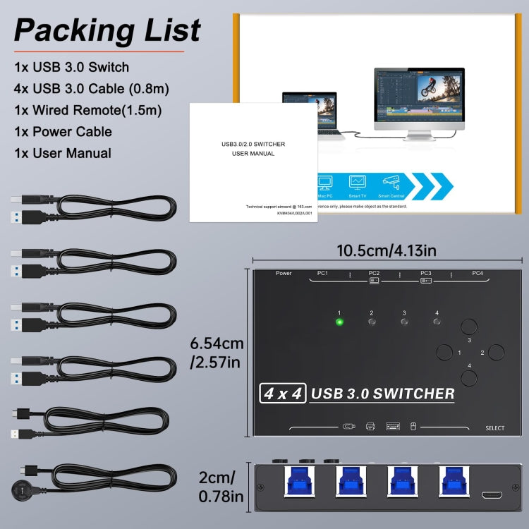 KC-KM434B USB3.0 4-портовое USB-устройство для совместного использования с 4-портовым принтером, клавиатурой, мышью и переключателем