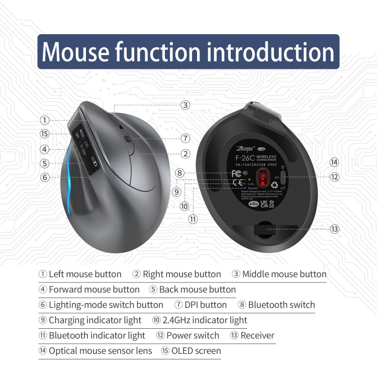 Беспроводная мышь ZELOTES F-26C с вертикальным хватом, 8 клавишами, 2.4G+Bluetooth, двухрежимным светодиодным дисплеем