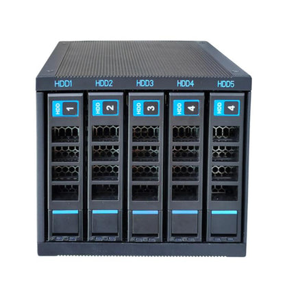 5 nodalījumu karstās nomaiņas cieto disku korpuss, 3,5 collu/2,5 collu HDD/SSD, saderīgs ar 3x5,25 collu optisko disku pozīciju