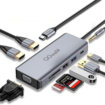 QGeeM 9 In 1 USB-C/Type-C Docking Station Hub VGA+2xHDMI+PD 87W+USB2.0/USB3.0+SD/Micro SD+3.5mm
