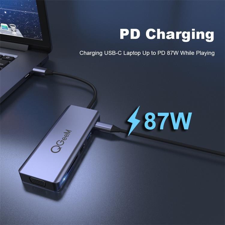QGeeM 9 In 1 USB-C/Type-C Docking Station Hub VGA+2xHDMI+PD 87W+USB2.0/USB3.0+SD/Micro SD+3.5mm