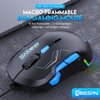 Проводная игровая мышь MKESPN 12800 DPI для обеих рук — 10 программируемых кнопок, настраиваемая RGB-подсветка, симметричный дизайн