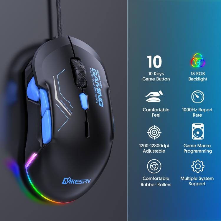 Проводная игровая мышь MKESPN 12800 DPI для обеих рук — 10 программируемых кнопок, настраиваемая RGB-подсветка, симметричный дизайн