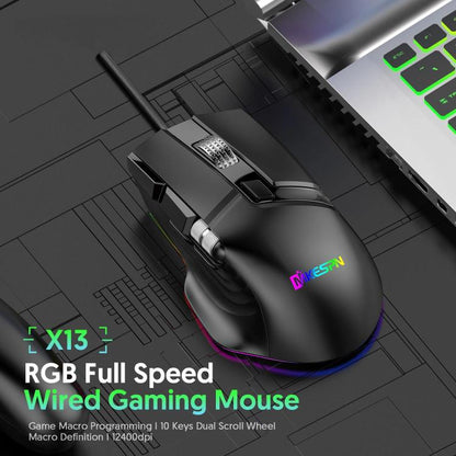 Проводная игровая мышь MKESPN X13 RGB Full Speed, 12400 точек на дюйм, 10-клавишная, с двумя колесами прокрутки, программируемыми макросами