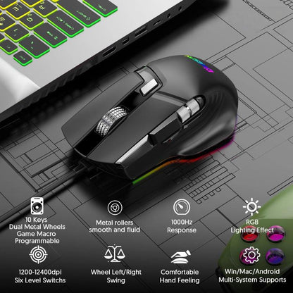 Проводная игровая мышь MKESPN X13 RGB Full Speed, 12400 точек на дюйм, 10-клавишная, с двумя колесами прокрутки, программируемыми макросами