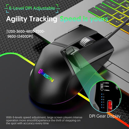Проводная игровая мышь MKESPN X13 RGB Full Speed, 12400 точек на дюйм, 10-клавишная, с двумя колесами прокрутки, программируемыми макросами