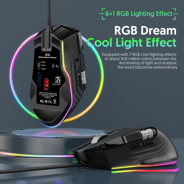 Проводная игровая мышь MKESPN X13 RGB Full Speed, 12400 точек на дюйм, 10-клавишная, с двумя колесами прокрутки, программируемыми макросами