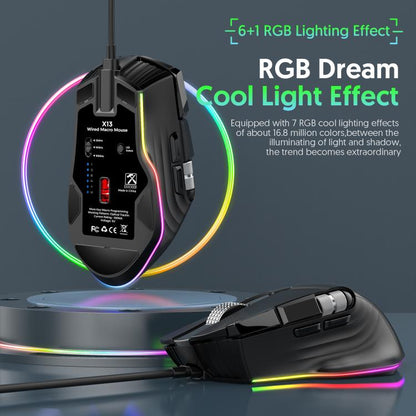 Проводная игровая мышь MKESPN X13 RGB Full Speed, 12400 точек на дюйм, 10-клавишная, с двумя колесами прокрутки, программируемыми макросами