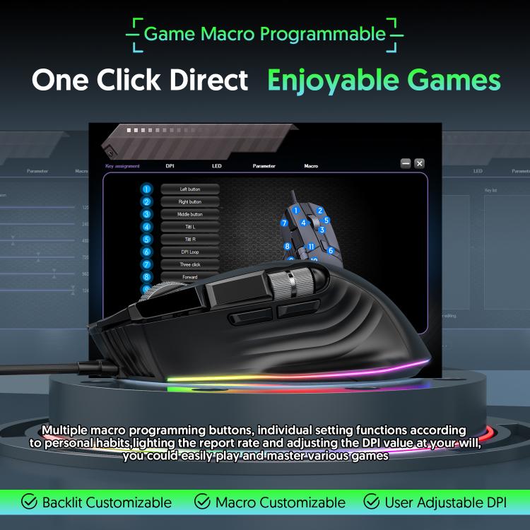 Проводная игровая мышь MKESPN X13 RGB Full Speed, 12400 точек на дюйм, 10-клавишная, с двумя колесами прокрутки, программируемыми макросами
