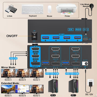 YOUTING YT-203HD 2-входной 3-выходной KVM-переключатель USB3.0