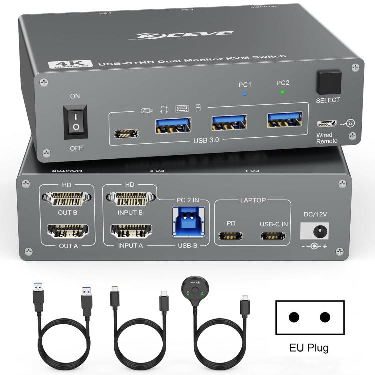KVEVE KC-KVM202CH USB 3.0 KVM-переключатель с поддержкой двух мониторов 4K 60 Гц
