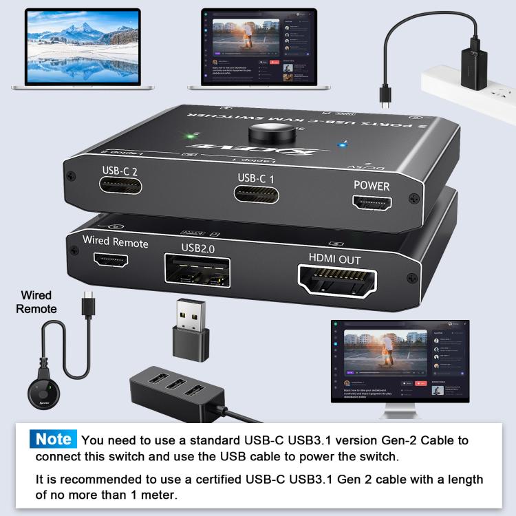 KCEVE KC-C201H 2 C tipa ieejas 1 izeja KVM slēdzis atbalsta 4K 60Hz