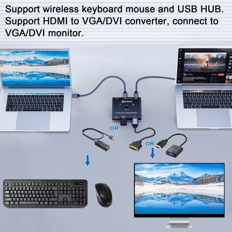 KCEVE KC-C201H 2 C tipa ieejas 1 izeja KVM slēdzis atbalsta 4K 60Hz