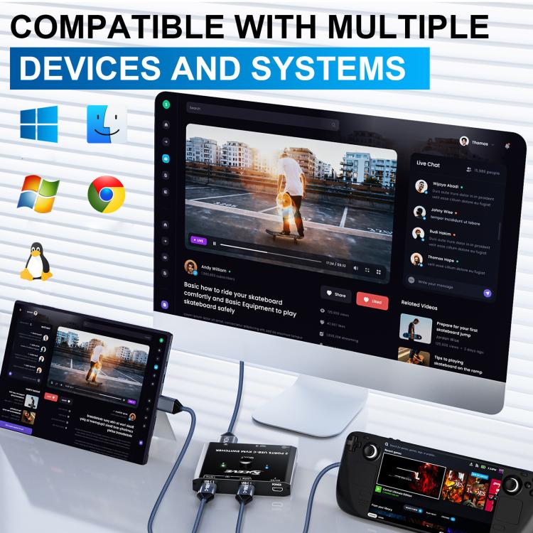 KCEVE KC-C201H 2 C tipa ieejas 1 izeja KVM slēdzis atbalsta 4K 60Hz