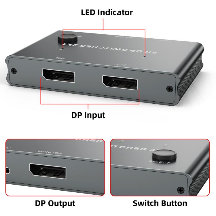 DisplayPort slēdzis 8K 30Hz HD sadalītājs datora ekrānam