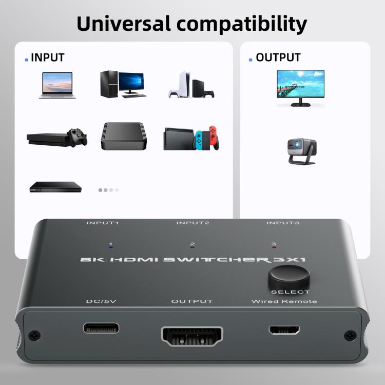 3 ieejas un 1 izejas HDMI slēdzis 8K 60Hz / 4K 120Hz datora HD konvertēšanai