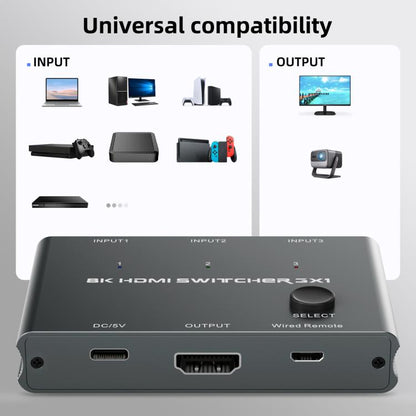 3 ieejas un 1 izejas HDMI slēdzis 8K 60Hz / 4K 120Hz datora HD konvertēšanai
