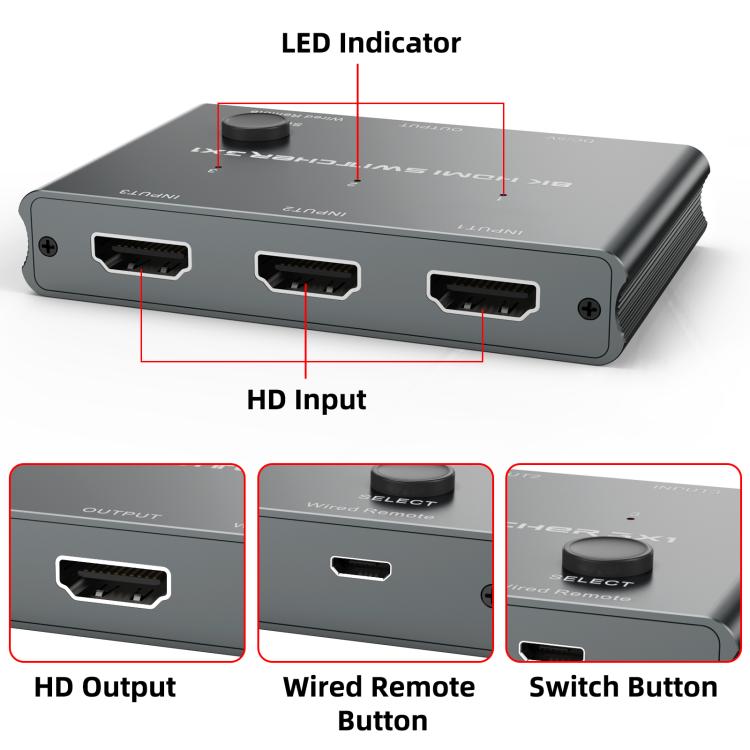 3 ieejas un 1 izejas HDMI slēdzis 8K 60Hz / 4K 120Hz datora HD konvertēšanai