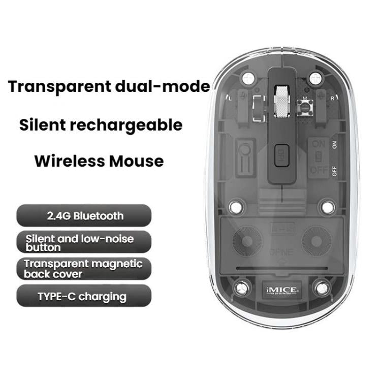 IMICE T400 4 taustiņi 1600DPI divu režīmu pele caurspīdīga Bluetooth uzlāde bezvadu klusas peles