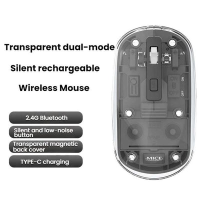 IMICE T400 4 taustiņi 1600DPI divu režīmu pele caurspīdīga Bluetooth uzlāde bezvadu klusas peles