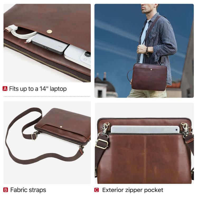 KONTAKTI ĢIMENE 14,2 collu Crazy Horse ādas kurjera soma Vintage Crossbody klēpjdatora portfelis