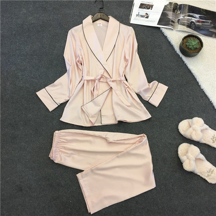 Bathrobe Pajamas Imitation Silk Pajamas Lapel Casual Silk Home Wear