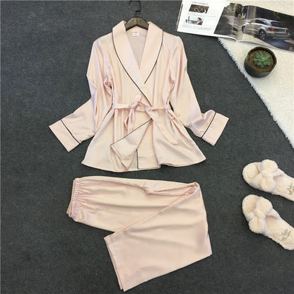 Bathrobe Pajamas Imitation Silk Pajamas Lapel Casual Silk Home Wear