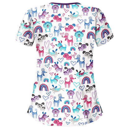 Printed Round Neck Slim-fit Nurse Uniform T-shirt (Color:Light Blue Size:XXXL)