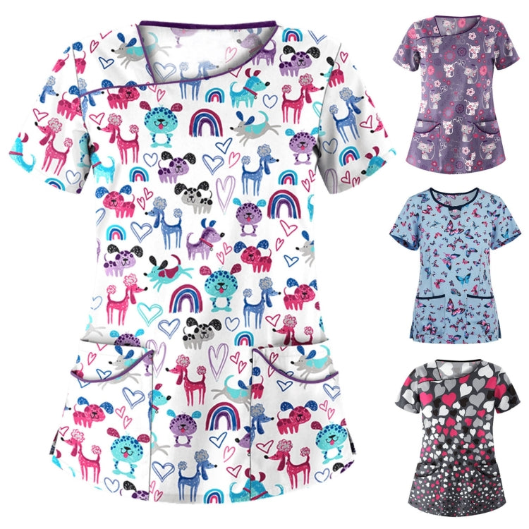 Printed Round Neck Slim-fit Nurse Uniform T-shirt (Color:Light Blue Size:XXXL)