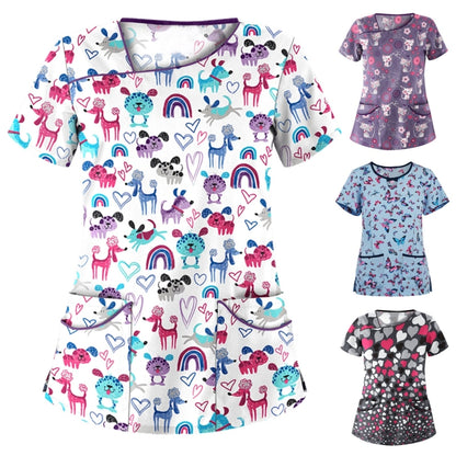 Printed Round Neck Slim-fit Nurse Uniform T-shirt (Color:Light Blue Size:XXXL)