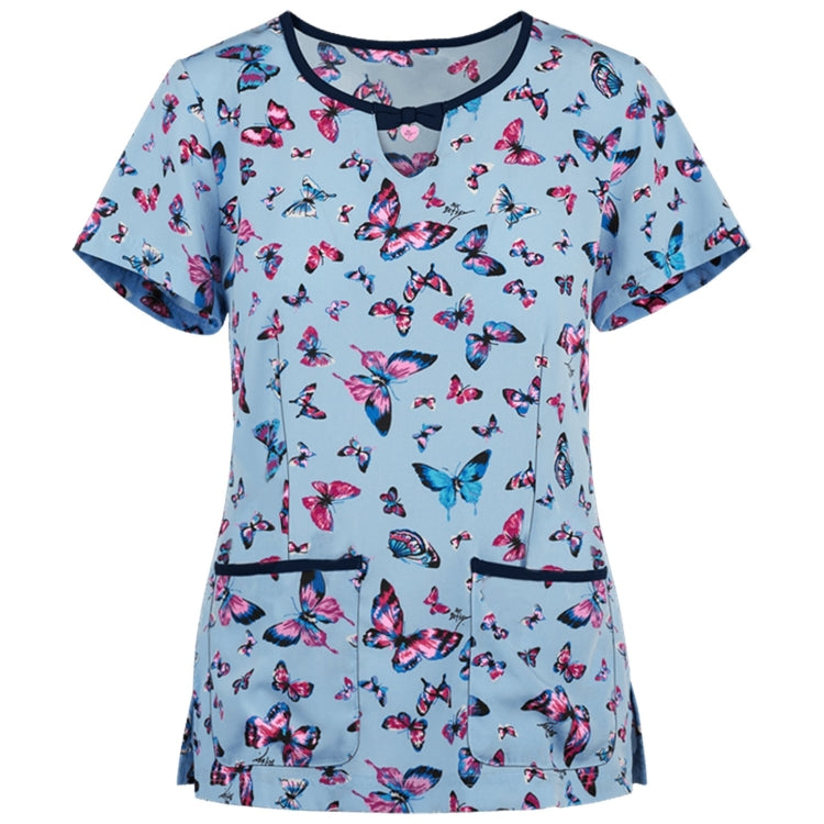 Printed Round Neck Slim-fit Nurse Uniform T-shirt (Color:Light Blue Size:XXXL)