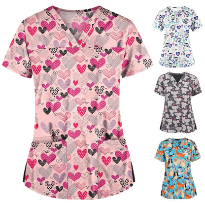 Loose Printed Hedging Thin T-shirt Nurse Uniform (Color:White Size:XXXL)