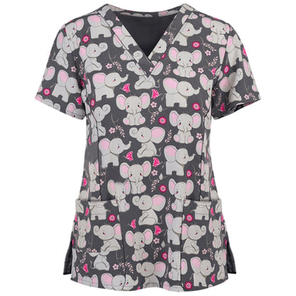 Loose Printed Hedging Thin T-shirt Nurse Uniform (Color:White Size:XXXL)