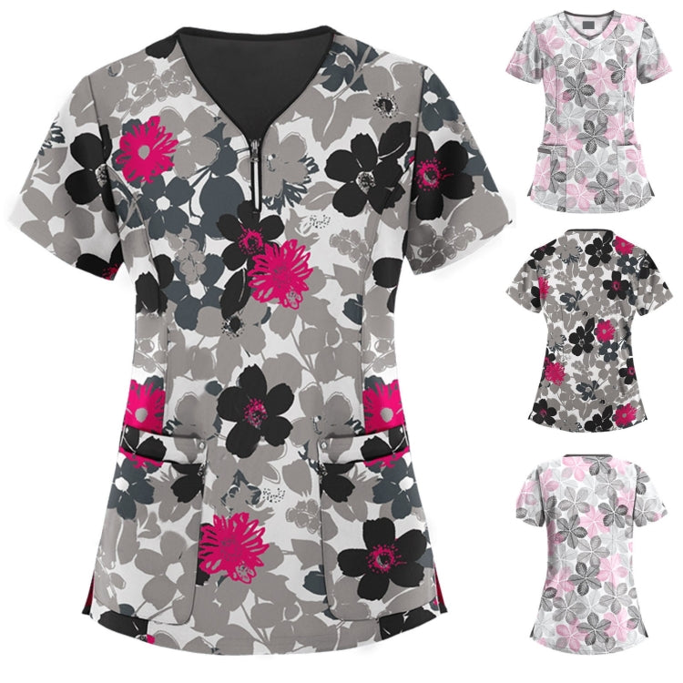 Mid-length Slim-fitting Printed Pullover Nurse Uniform V-neck T-shirt (Color:Pink Size:XXL)