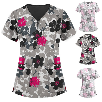 Mid-length Slim-fitting Printed Pullover Nurse Uniform V-neck T-shirt (Color:Pink Size:XXL)