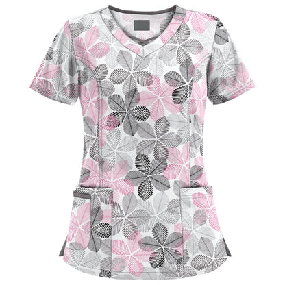 Mid-length Slim-fitting Printed Pullover Nurse Uniform V-neck T-shirt (Color:Pink Size:XXL)