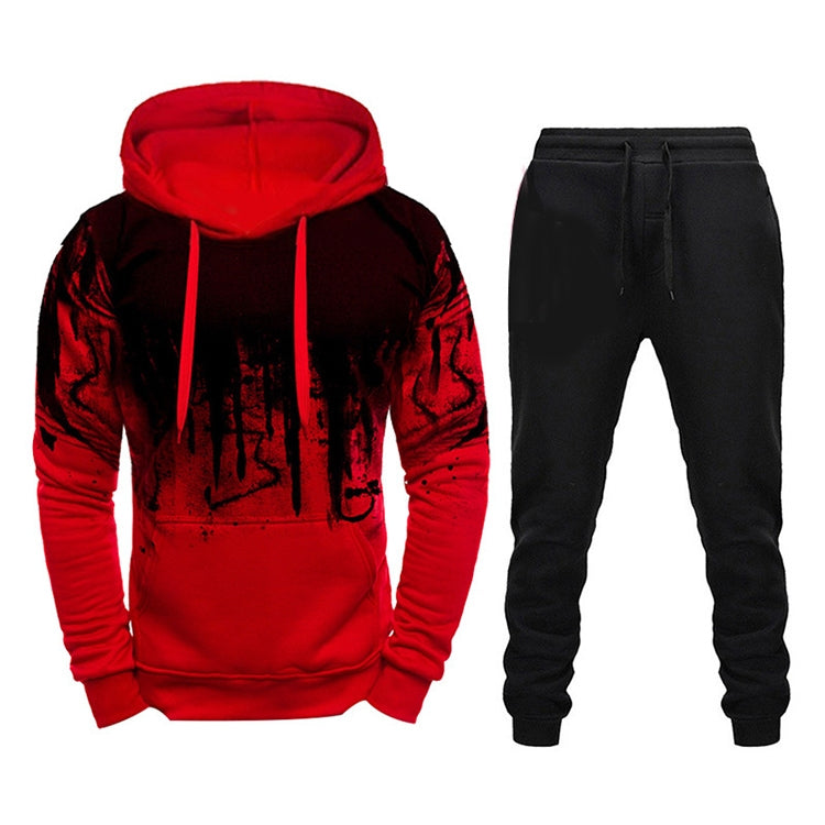 Men Loose Print Hoodie Sport Sweatshirt Set (Color:Army Green Size:XXXL)