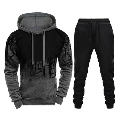 Men Loose Print Hoodie Sport Sweatshirt Set (Color:Army Green Size:XXXL)