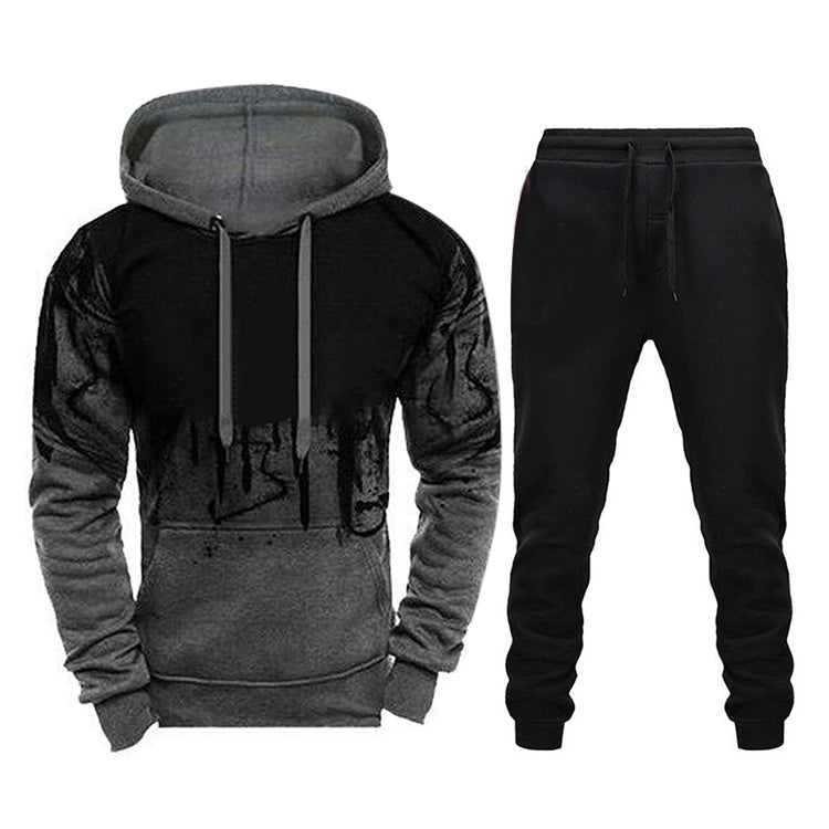 Men Loose Print Hoodie Sport Sweatshirt Set (Color:Army Green Size:XXXL)