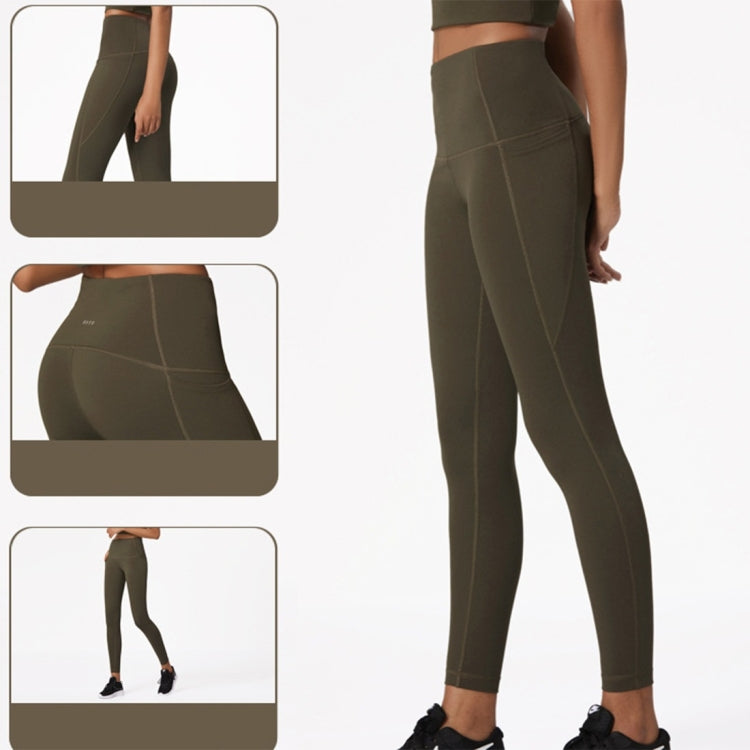 Double Sided Brocade Nude Sports Fitness Pants High Waist, Abdomen And Buttock Lifting Yoga Pants (Color:Dark Olive Green Size:M)