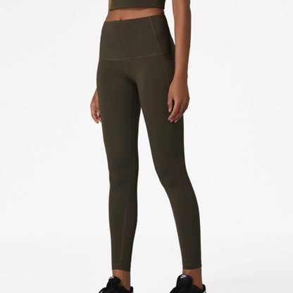 Double Sided Brocade Nude Sports Fitness Pants High Waist, Abdomen And Buttock Lifting Yoga Pants (Color:Dark Olive Green Size:M)