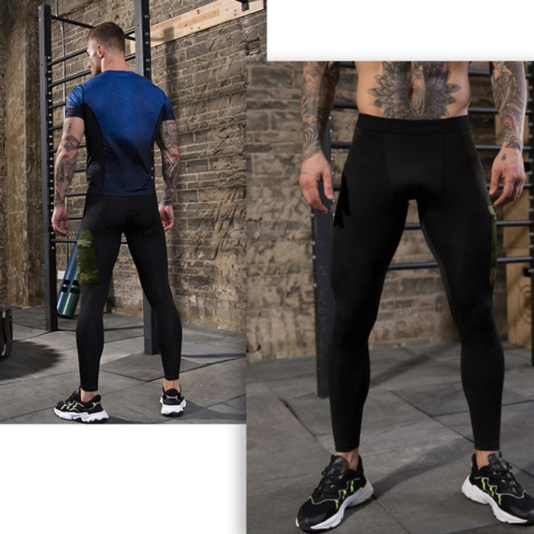 Camouflage Pocket Training Running Fast Dry High Elastic Sports Casual Tights (Color:Black Camouflage Green Size:S)