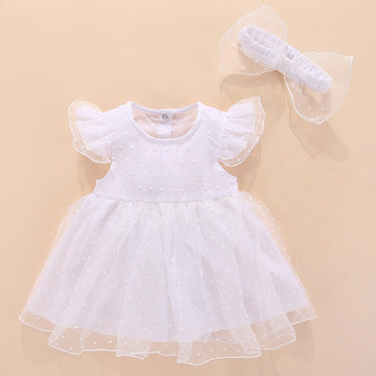 Girls Short-sleeved Mesh Dress With Bow