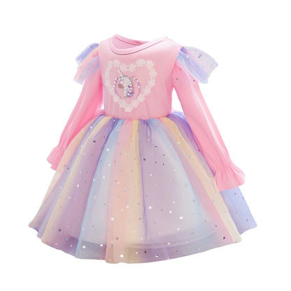 Children Dress With Flying Sleeves Rainbow Sequined Mesh Princess Dress