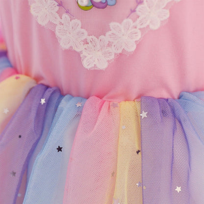 Children Dress With Flying Sleeves Rainbow Sequined Mesh Princess Dress