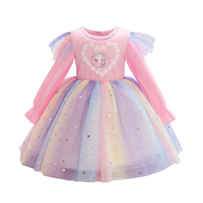 Children Dress With Flying Sleeves Rainbow Sequined Mesh Princess Dress