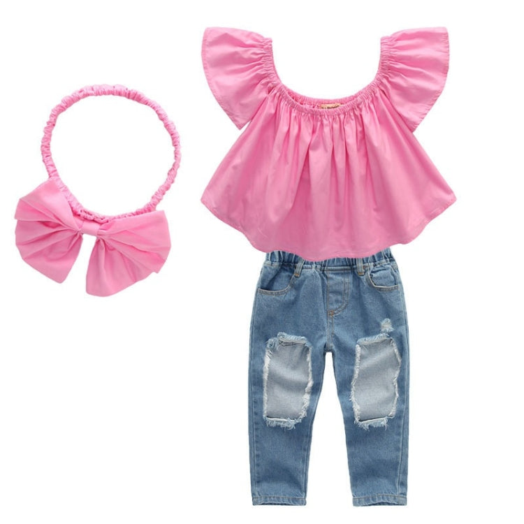 Girls Three-piece Pink Blouse Ripped Jeans Suit (Color:As Show Size:110cm)