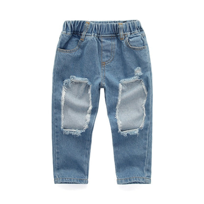 Girls Three-piece Pink Blouse Ripped Jeans Suit (Color:As Show Size:110cm)